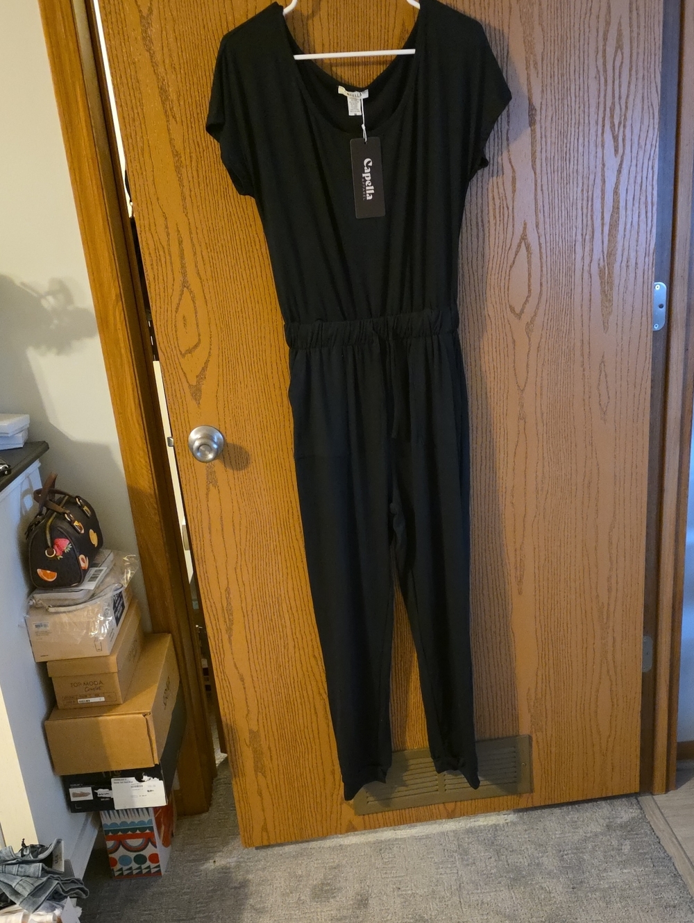 Capella Black Jumpsuit PTP 19-22, W 13-16 I 29 WITH JOGGER BOTTOMS